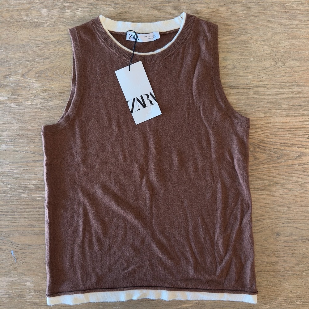 Zara Wool Silk Blend Knit Sleeveless Vest-Brown W/ White Contrast Trim-Women's S